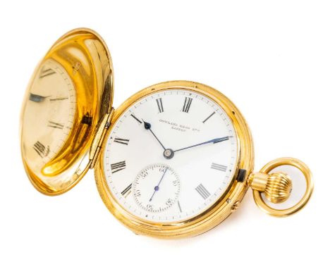 18CT GOLD HUNTER POCKET WATCH, Gowland Bros. Cornhill, London 1911, top wind signed three quarter plate lever movement no. 37