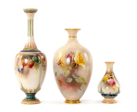 THREE WORCESTER PORCELAIN VASES, comprising Hadleyware bottle vase painted with autumn blackberries, yellow and pink rose pai