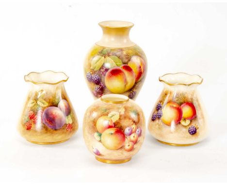 ASSORTED ROYAL WORCESTER FRUIT PAINTED PORCELAIN, including two shape 957 vases, shape 2491 globular vase and shape 2471 balu