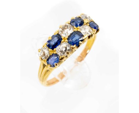 DOUBLE ROW TEN STONE DIAMOND & SAPPHIRE RING, yellow metal, old cut oval stones, ring size P 1/2, 4.5gms, in vintage Alca 'Je