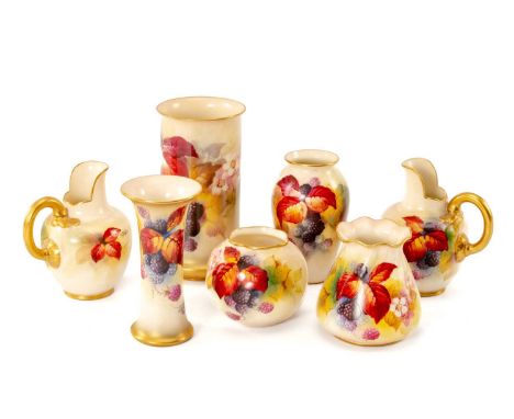 KITTY BLAKE FOR ROYAL WORCESTER: group comprising pair of shape 1094 jugs, shape 923 trumpet vase, shape 2510 cylinder vase, 