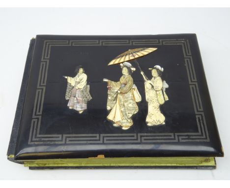 Japanese Meiji period Sibayama album, stocked with titled colour prints illustrating the work of various Japanese artists, L3