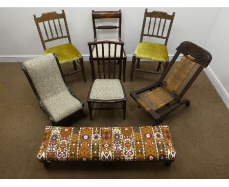 Empire style ebonised child's chair, upholstered back and seat (W38cm), an Indian carved hardwood folding chair, a pair of bo