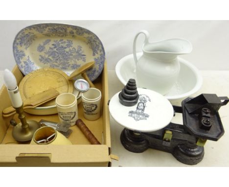Set of early 20th C. Fairbanks cast iron Kitchen grocers scales with weights, two James Keiller & Sons Marmalade pots, treen 