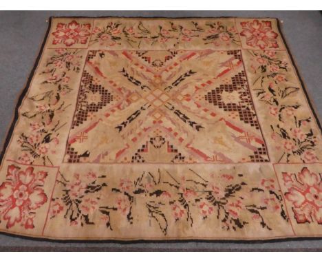 Late 19th century wall hanging beige ground tapestry, geometric pattern field with repeating floral border, 206cm x 180cm Con