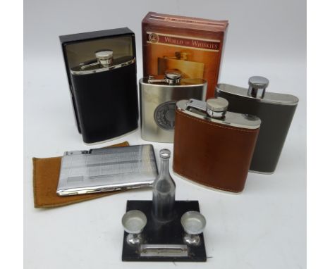 Art Deco table lighter in the form of a Champagne bottle with two Champagne bowls as ashtrays, Ralph Lauren hip flask, Britis