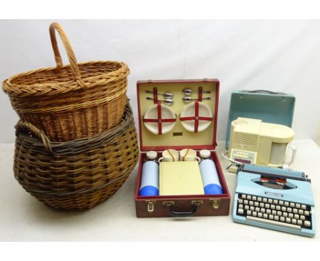 Brexton picnic hamper, Goblin Tea Matic teas maid, Imperial 200 portable typewriter, wicker two handled log basket and basket