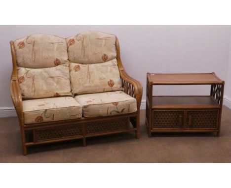 Four piece cane and bamboo conservatory suite with loose cushions, including a two seat sofa (W126cm), two armchairs and a co