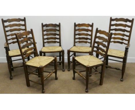 Set six (4+2) Early 20th century  ladder back chairs with rush seats, turned supports and stretchers, W57cm Condition Report 