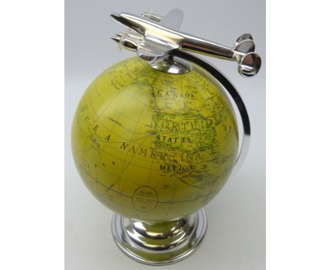 Art Deco style aluminium globe with aeroplane finial, H31cm  Condition Report Click here for further images, condition, aucti