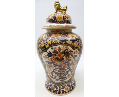 Large Chinese vase and cover decorated in the Imari pallet with gilt Dog of Fo finial, H47cm  Condition Report Click here for