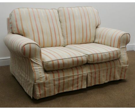 Two seat sofa upholstered in cream and pink striped loose covers (W145cm) and two matching armchairs (W97cm) Condition Report