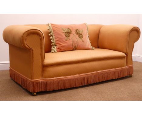 Victorian two seat drop arm sofa, upholstered in a pink farbric, W160cm Condition Report Click here for further images, condi