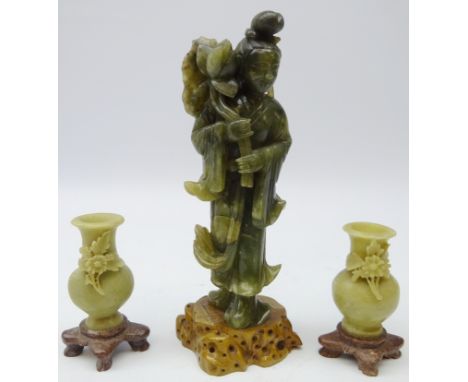 20th century Chinese carved jade figure of Kuan Yin H24cm and a pair jade vases (3) Condition Report Click here for further i