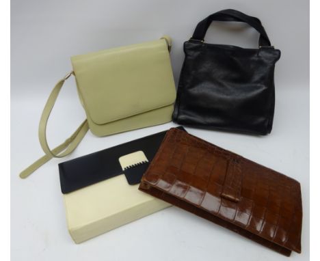 1950s Crocodile skin clutch bad with suede lining and gilt metal clasp, vintage Bottega Veneta black leather handbag, Rayne t