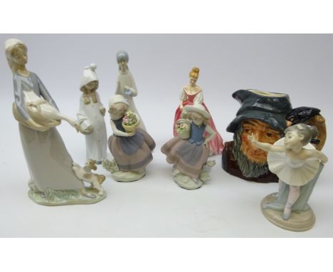Royal Doulton figure 'Alexandra' HN3292, character jug 'Rip Van Winkle' D6438, two Lladro figures of girls with flowers, Llad