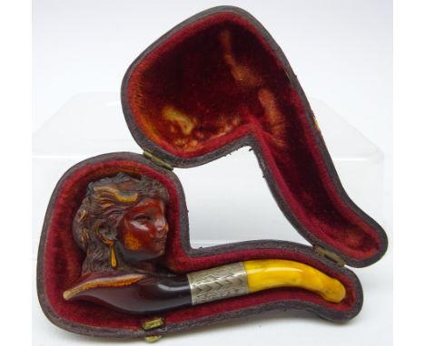 Meershaum and amber pipe carved as a lady with white metal collar in original case  Condition Report Click here for further i