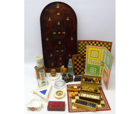 Bagatelle board, drafts, dominoes, various turned wood chess pieces, other games, Guinness 'Vermouth Martini', 'Bass Blue Tri