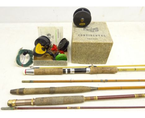 Split cane three piece Trout fly rod, Martin James glass fibre Trout fly rod and a similar Coarse rod, K. P Morritt's 'Intrep