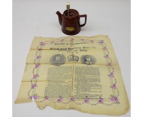 1914 commemorative paper napkin; a souvenir for the King and Queen's Visit to Retford and Hull, Great Northern Railway refres