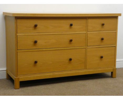 Light oak finish side board, three short three long drawers (W122cm, H76cm, D45cm) and a matching two drawer bedside chest (W