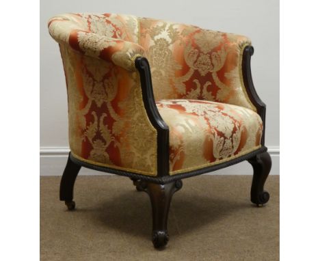 Regency mahogany framed tub chair, upholstered in light gold and copper graduating fabric with classical urn decoration, scro