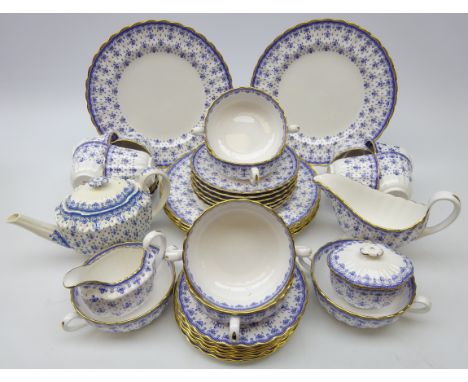Spode Fleur De Lys tea and dinner service comprising six dinner plates, six soup bowls and saucers, sauce boat, eight cups an