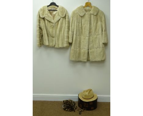Vintage Ocelot fur hat retailed by Harvey Nichols with box, Christys straw Fedora, Harrods simulated fur coat and vintage blo