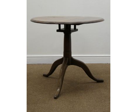 George III mahogany tripod table, bird cage action tilt top, gun barrel pedestal, splayed supports, D71cm, H68cm Condition Re