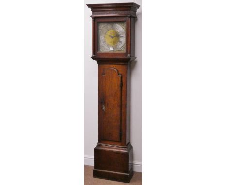 George lll oak longcase clock 11.5in square brass Roman dial engraved George Bishop, Redmile, with a Sun, 30hr movement strik