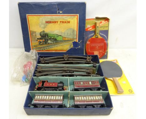 Hornby 0 Gauge tinplate clockwork passenger train set, in original box, two Dunlop and another vintage unused table tennis ba