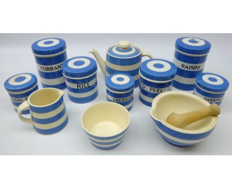 Collection of T.G. Green kitchenalia and tea ware comprising teapot, jug, sugar bowl, pestle and mortar and six storage jars;