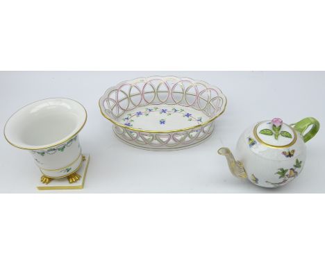 Three pieces Herend porcelain comprising Cornflower Garland pierced basket, L21cm, Persil pattern cylindrical vase with flare