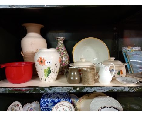 A shelf of vases, jugs &amp; a vintage mixing bowl