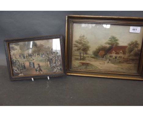 A C19th watercolour, rural scene with figures and hens by a cottage, together with a C19th colour print of figures at a villa