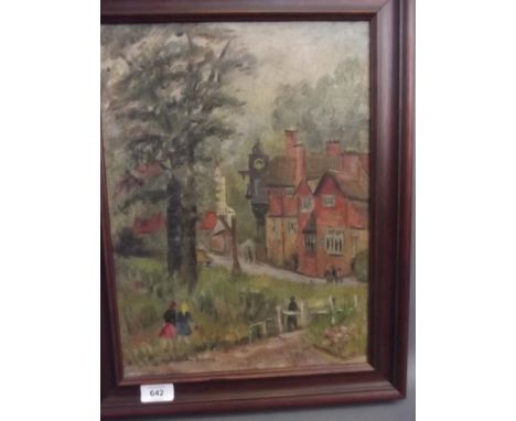 Catherine Spink, oil on canvas board, village scene at Abinger Hammer, Surrey with figures on a path, 11" x 15½" 