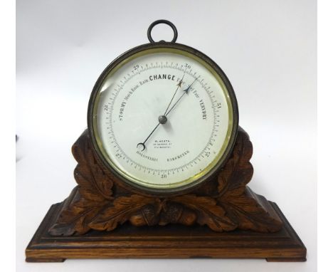 A holosteric circular Barometer, the dial marked 'W. Heath, Plymouth' on a carved wood stand with acorn decoration.