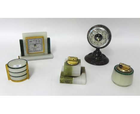 A green and white marble ashtray and cigarette lighter t/w a set of three ashtrays and lighter in stand and two barometers, o