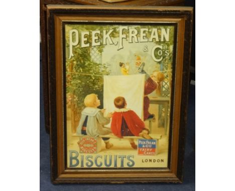 Advertising poster 'Peek Frean and Co Biscuits' also 'The Broads' four re-print adverts, framed.