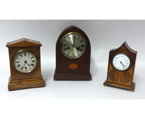 Edwardian mahogany and marquetry mantle clock, including two wood cased clocks, tallest 31cm.