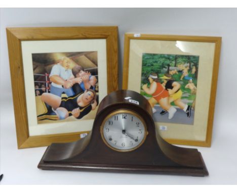 An American mantle clock, Sessions, in stained mahogany case t/w two small Beryl Cook open prints.