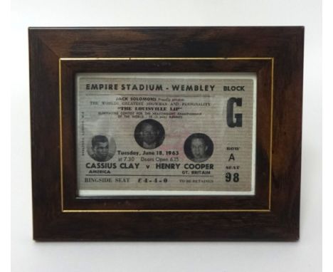 Boxing ticket, Empire Stadium Wembley, June 18th 1963, Cassius Clay V Henry Cooper, Block G, Ringside Seat.