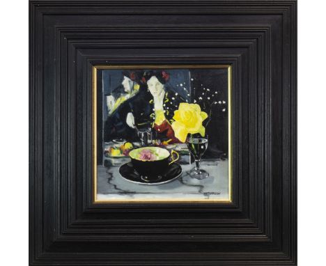 * GORDON G HENDERSON (SCOTTISH 20TH CENTURY), YELLOW ROSE AND PORTRAIT oil on board, signed 32cm x 32cm Framed and under glas