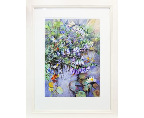 * JEAN B MARTIN RSW (SCOTTISH b 1947), FOXGLOVES AND WATERLILIES watercolour on paper, signed 70cm x 50cm Mounted, framed and