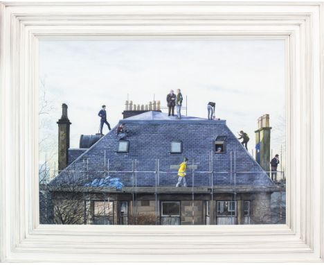 * AVRIL PATON (SCOTTISH b 1941), TOPPING OUT DAY (c1995) watercolour on paper 80cm x 100cm Framed and under glass. Label vers