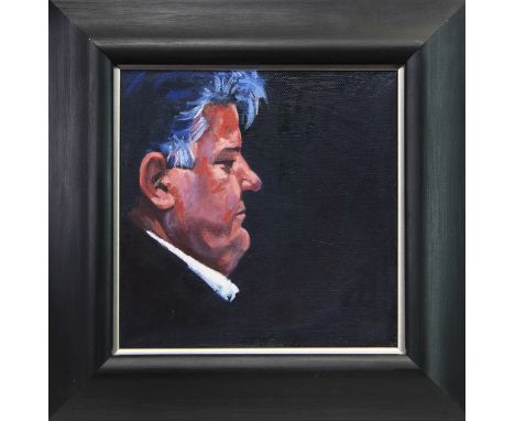 * DAVID ROBERTSON (SCOTTISH CONTEMPORARY), THE PORTRAIT OF ROBBIE COLTRANE oil on canvas 30cm x 30cm Framed