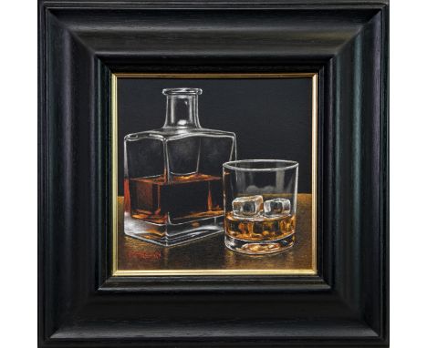 GRAHAM MCKEAN, DECANTER WITH GLASS oil on canvas, signed 25cm x 25cm Framed