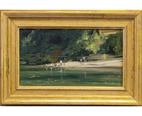 * PAUL GUNN (BRITISH b 1934 - ), RIVERSIDE oil on panel, signed; titled verso in pencil 15cm x 27cm Framed. Note: Paul Gunn w