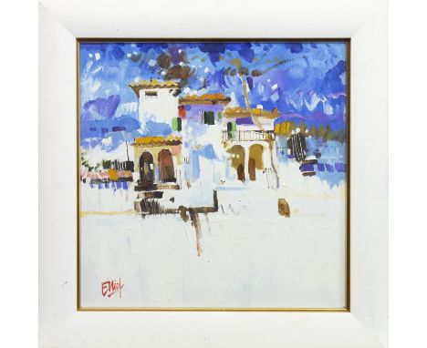 * IAN SCOTT ELLIOT (SCOTTISH b 1946), UNA CASA, TYPICA, MALLORCA, oil on canvas, signed 51cm x 51cm Framed and under glass. N