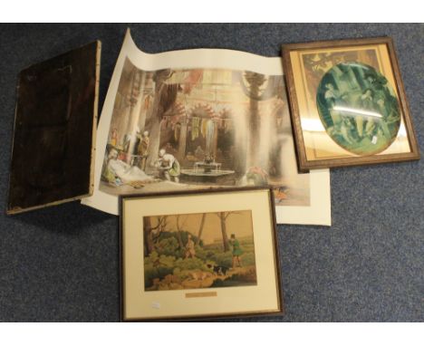Box containing assorted coloured prints, predominantly of Istanbul together with landscape oil picture, shooting print etc.